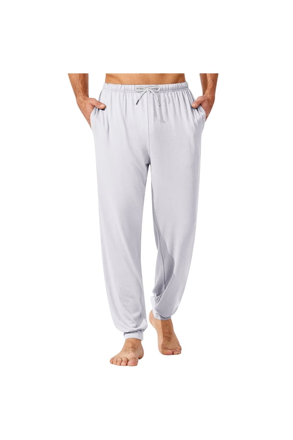 Men's Elastic Waist Drawstring Pocket Cuffed Casual Pants for Home Sleep Comfortable Soft Lounge Men's Pajama Trousers,White 3XL