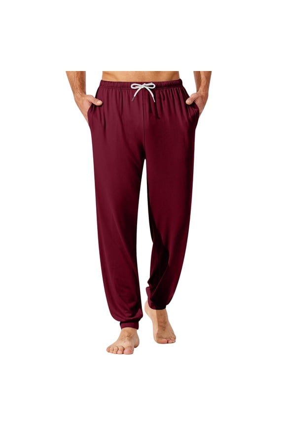 Men's Elastic Waist Drawstring Pocket Cuffed Casual Pants for Home Sleep Comfortable Soft Lounge Men's Pajama Trousers,Wine M