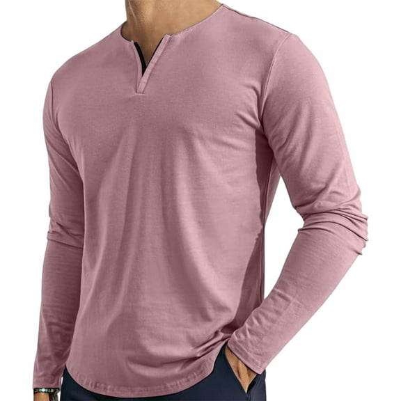 WTOBBY Men's Everyday V-Neck Long Sleeve Top with Casual Loose Fit and Comfort Design Ideal for Relaxed Wear in All Seasons ,Pink S