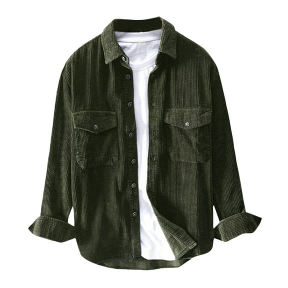 WTOBBY Men's Fall Flannel Shirt Corduroy Striped Long Sleeve Lapel Collar Button Front Pocket Casual Loose Fit Workwear Thermal Comfort Top,Army Green M