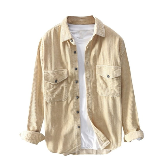 WTOBBY Men's Fall Flannel Shirt Corduroy Striped Long Sleeve Lapel Collar Button Front Pocket Casual Loose Fit Workwear Thermal Comfort Top,Khaki M