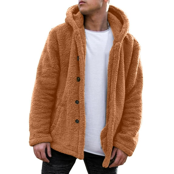 WTOBBY Men's Fall and Winter Solid Color Hooded Fleece Coat, Fleece Fashion Trend Menswear for Casual and Street Style, Soft and Warm for Daily Wear,Coffee M