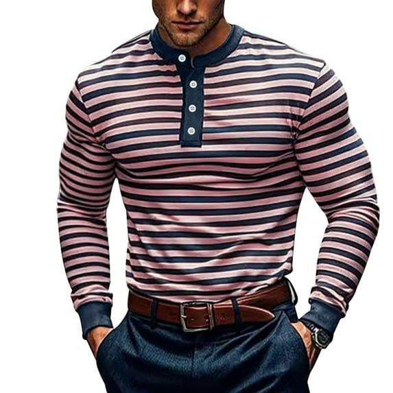 WTOBBY Men's Fashion Casual Long Sleeve Shirt with Striped V-Neck Design, Colorful Blouse Style Top for Versatile and Layered Outfits,Pink XL