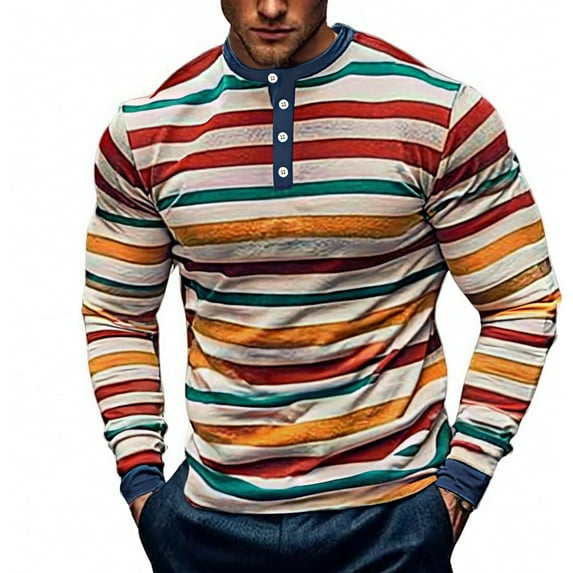 WTOBBY Men's Fashion Casual Long Sleeve Shirt with Striped V-Neck Design, Colorful Blouse Style Top for Versatile and Layered Outfits,Yellow L