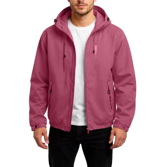 WTOBBY Men's Fashion Leisure Hooded Jacket, Outdoor Thin Work Style Loose Fit Windbreaker Coat for Casual Wear and Light Protection,Hot Pink 2XL