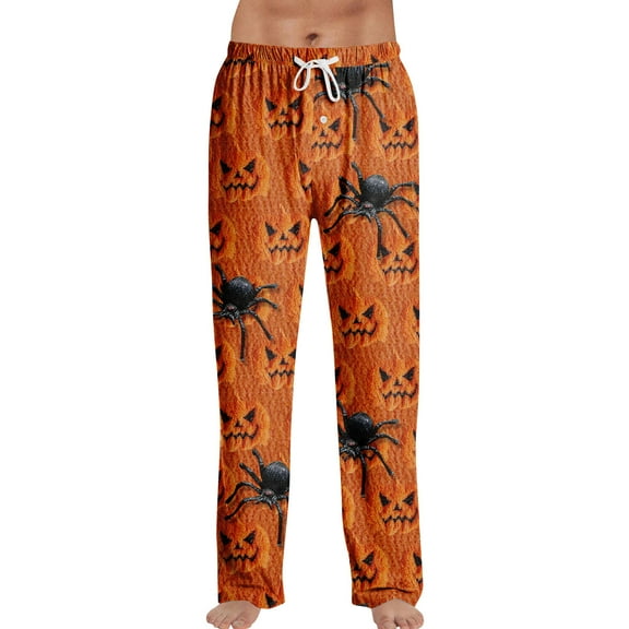 WTOBBY Men's Fashion Loose Halloween Print Casual Pants Home Sleep Pants Drawstring Elastic Waist Comfortable Lounge Trousers,Saffron S