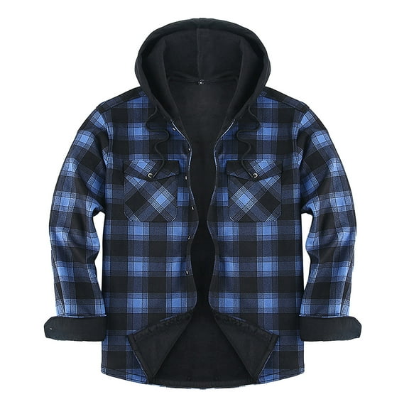 WTOBBY Men's Flannel Button-Up Jacket, Plaid Fleece Lined with Chest Pockets, Warm Casual Stylish Layer for Daily, Work, and Weekend Activities,Dark Blue XL