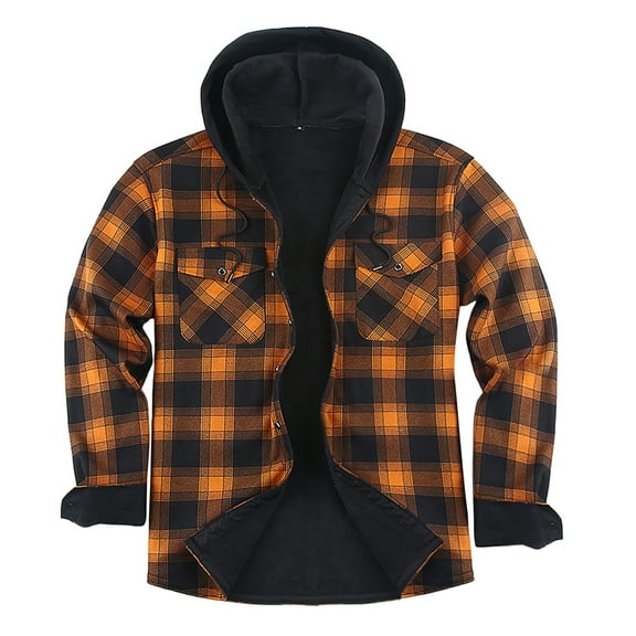 WTOBBY Men's Flannel Button-Up Jacket, Plaid Fleece Lined with Chest Pockets, Warm Casual Stylish Layer for Daily, Work, and Weekend Activities,Orange M