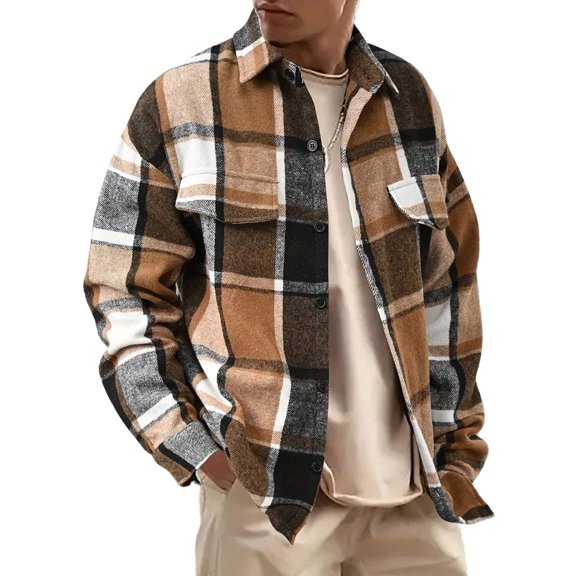 WTOBBY Men's Flannel Shirts Button-Down Plaid Shirt Long Sleeve Collared Jacket, Casual Fashion Shacket for Relaxed and Retro Styling, Soft and Comfortable,Earthy Yellow 2XL