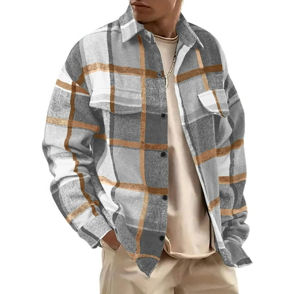 WTOBBY Men's Flannel Shirts Button-Down Plaid Shirt Long Sleeve Collared Jacket, Casual Fashion Shacket for Relaxed and Retro Styling, Soft and Comfortable,Light Gray XL