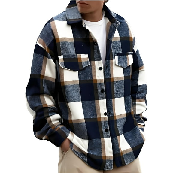 WTOBBY Men's Flannel Shirts Button-Down Plaid Shirt Long Sleeve Collared Jacket, Casual Fashion Shacket for Relaxed and Retro Styling, Soft and Comfortable,Navy L