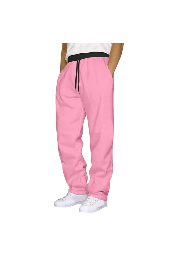 Men's Fleece-Lined Loose Athletic Pants, Winter Color Block Joggers with Pockets, Warm Casual Sports Pants for Cold Weather Activities,Pink 3XL