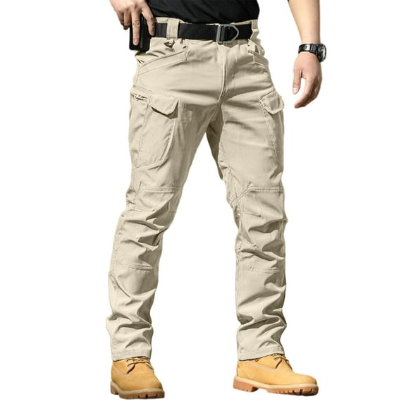 WTOBBY Men's Fleece-Lined Ripstop Tactical Pants Waterproof Multi-Pocket Work Cargo Pants for Hiking Camping Fishing Construction Outdoor Zippered Durable Men's Trousers,Khaki S