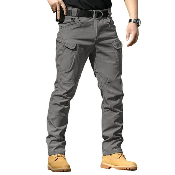 WTOBBY Men's Fleece-Lined Ripstop Tactical Pants Waterproof Multi-Pocket Work Cargo Pants for Hiking Camping Fishing Construction Outdoor Zippered Durable Men's Trousers,Gray 2XL