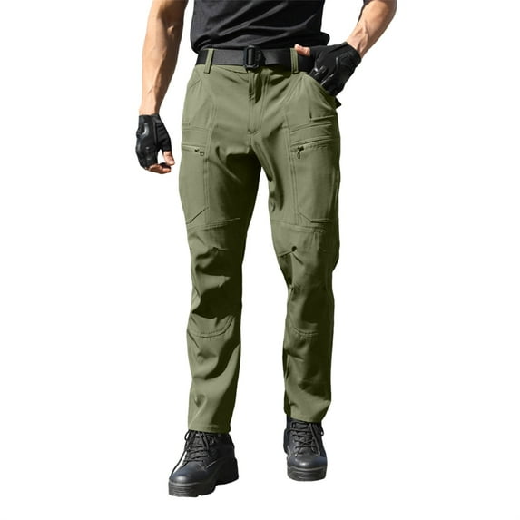 WTOBBY Men's Fleece-Lined Ripstop Waterproof Tactical Pants Multi-Pocket Cargo for Hiking Camping Fishing Construction Outdoor Warm Men's Trousers,Army Green M