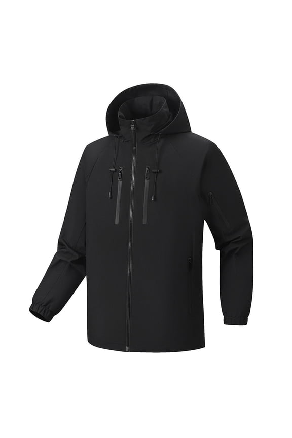 Men's Fleece-Lined Windbreaker Jacket, Waterproof Hooded Outdoor Sports Coat with Raglan Sleeves, All-Season Hiking Golf Rain Protection,Black M