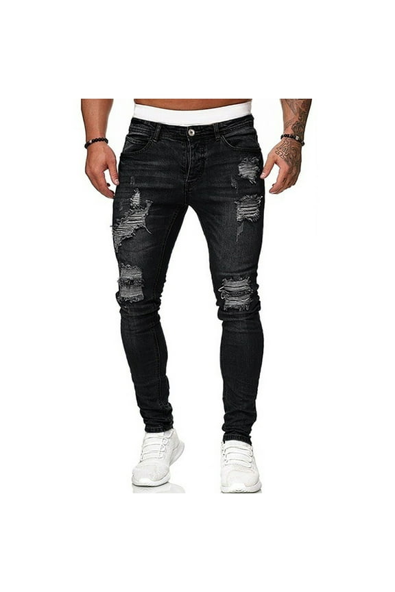 Men's Frayed Hem Ripped Jeans Slim Fit Washed Denim Pants with Distressed Details - Solid Color Casual Trousers Design for Urban Streetwear Expression Comfort Fit,Black L