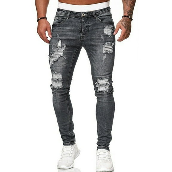 WTOBBY Men's Frayed Hem Ripped Jeans Slim Fit Washed Denim Pants with Distressed Details - Solid Color Casual Trousers Design for Urban Streetwear Expression Comfort Fit,Gray M
