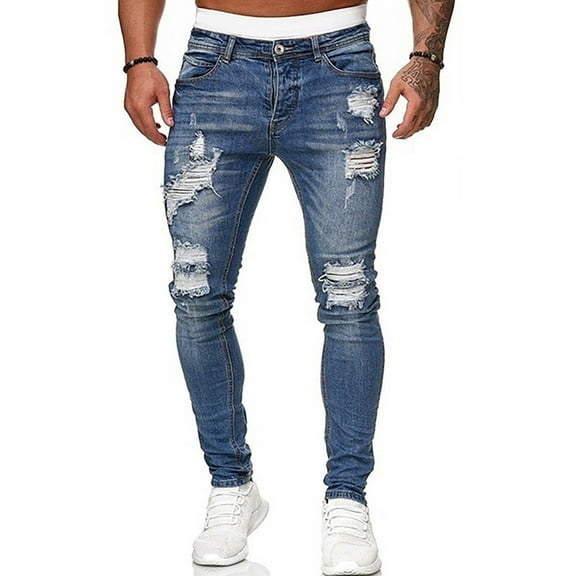 WTOBBY Men's Frayed Hem Ripped Jeans Slim Fit Washed Denim Pants with Distressed Details - Solid Color Casual Trousers Design for Urban Streetwear Expression Comfort Fit,Blue L