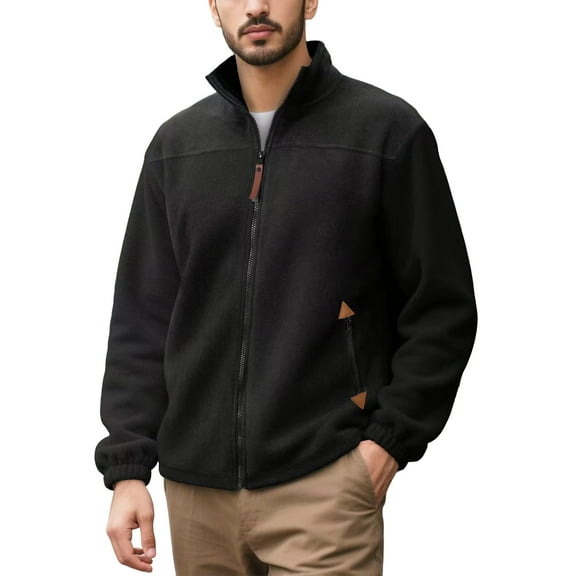 WTOBBY Men's Full Zip Fleece Jacket, Lightweight Outdoor Hiking Casual Soft Warm Coat with Pockets for Everyday Comfort and Style,Black M