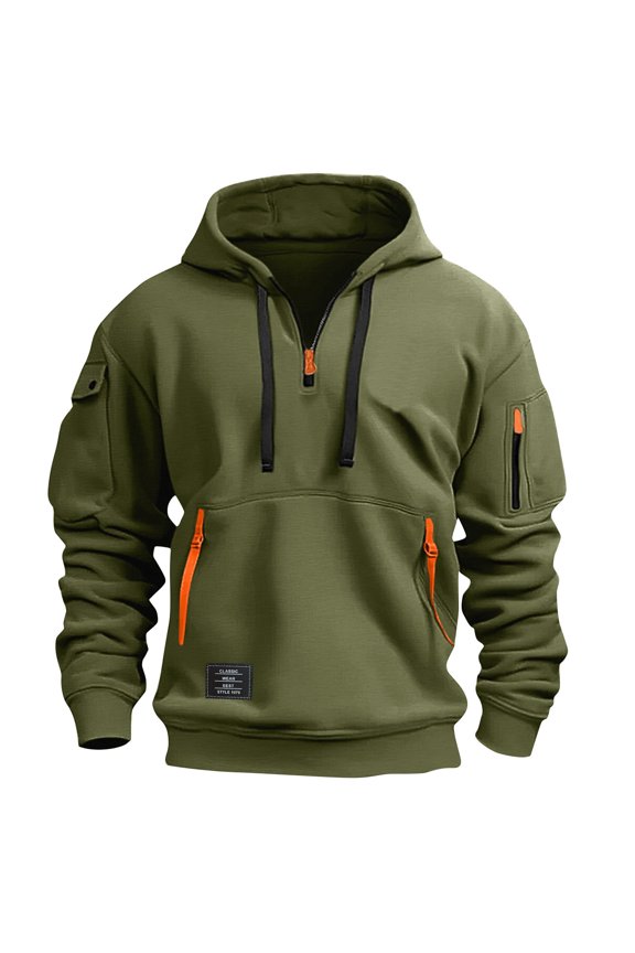 Men's Full-Zip Hooded Cardigan Arm Pocket Sportswear Oversized Casual Sweatshirt Jacket Athletic Street Style Breathable Fabric,Army Green L