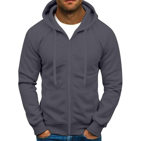 WTOBBY Men's Full Zip Up Plush Hooded Sweatshirt, Long Sleeve Pullover Jacket with Pockets, Tall Sizes Available for Casual and Outdoor Use,Dark Gray M
