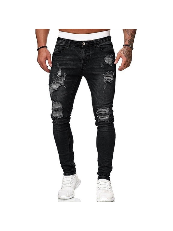 Men's Gradient Washed Ripped Jeans Slim Fit Casual Denim Pants with Distressed Elements - Streetwear Trousers Design for Modern Style Expression Comfort Experience,Black M