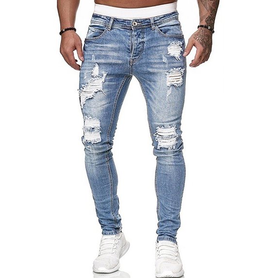 WTOBBY Men's Frayed Hem Ripped Jeans Slim Fit Washed Denim Pants with Distressed Details - Solid Color Casual Trousers Design for Urban Streetwear Expression Comfort Fit,Light Blue S