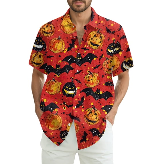 WTOBBY Men's Graphic Short Sleeve Shirt Casual Loose Fit Halloween Print Party Wear Cotton Blend Crew Neck Tee Holiday Celebration Costume Top,Vermilion 2XL