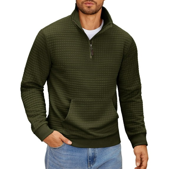 WTOBBY Men's Half Zip Stand Collar Hoodie, Winter Fleece Lined Sweatshirt with Pockets, Thermal Outdoor Comfort,Army Green L