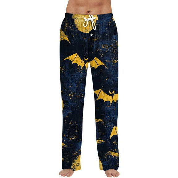 WTOBBY Men's Halloween Print Drawstring Casual Pajama Pants for Lounge Wear, Comfortable Sleepwear with Elastic Waist, Spooky Design Ideal for Home and Relaxation,Navy M