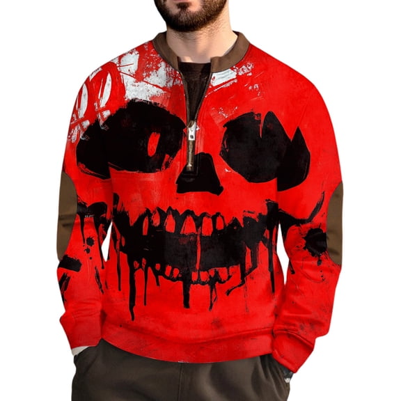 WTOBBY Men's Halloween Print Hoodie, Loose Fit Round Neck Pullover Sweatshirt for Party Cosplay, Festive Multi Color Fun,Saffron M