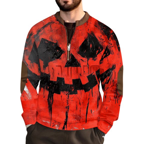 WTOBBY Men's Halloween Print Hoodie, Loose Fit Round Neck Pullover Sweatshirt for Party Cosplay, Festive Multi Color Fun,Vermilion M