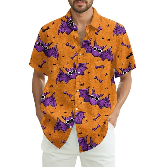 WTOBBY Men's Halloween Printed Short Sleeve Shirt Casual Loose Fit Party Graphic Tee Cotton Blend Breathable Top for Festival Costume Holiday Celebration,Light Purple 3XL