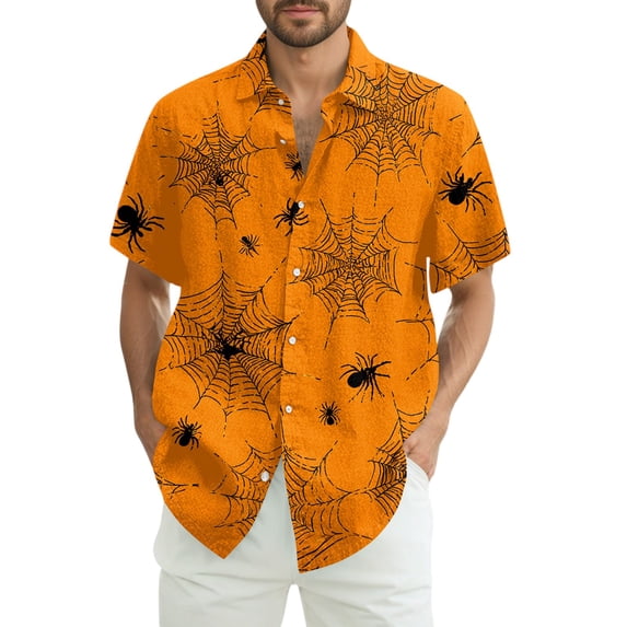 WTOBBY Men's Halloween Printed Short Sleeve Shirt Casual Loose Fit Party Graphic Tee Cotton Blend Breathable Top for Festival Costume Holiday Celebration,Saffron M
