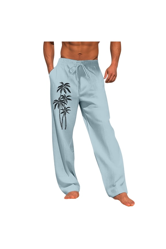 Men's Hawaiian Print Cotton Linen Casual Pants, Loose Comfortable Drawstring Beach Trousers for Vacation and Relaxed Style,Sky Blue XL