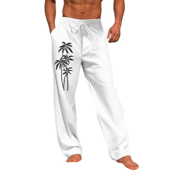 WTOBBY Men's Hawaiian Print Cotton Linen Casual Pants, Loose Comfortable Drawstring Beach Trousers for Vacation and Relaxed Style,White L