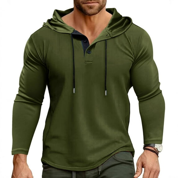 WTOBBY Men's Hooded Button-Up Long Sleeve T-Shirt Casual Three-Button Design, Comfortable Solid Color Top for Daily Wear, Layering, and Cool Weather Outfits,Army Green L
