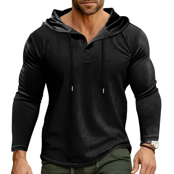 WTOBBY Men's Hooded Button-Up Long Sleeve T-Shirt Casual Three-Button Design, Comfortable Solid Color Top for Daily Wear, Layering, and Cool Weather Outfits,Black L