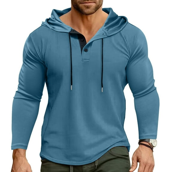 WTOBBY Men's Hooded Button-Up Long Sleeve T-Shirt Casual Three-Button Design, Comfortable Solid Color Top for Daily Wear, Layering, and Cool Weather Outfits,Light Blue L