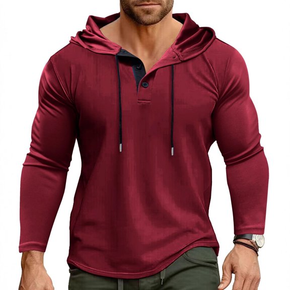WTOBBY Men's Hooded Button-Up Long Sleeve T-Shirt Casual Three-Button Design, Comfortable Solid Color Top for Daily Wear, Layering, and Cool Weather Outfits,Wine S