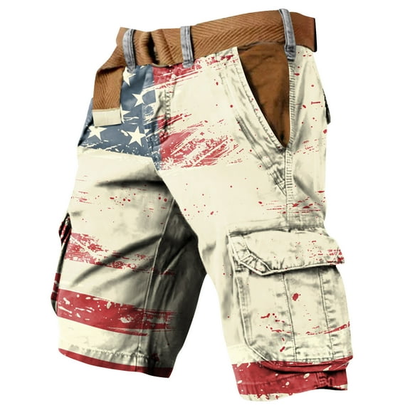 WTOBBY Men's Independence Day Printed Multi Pocket Workwear Shorts, Patriotic Design for Casual Summer Wear, Comfortable and Stylish,Blue XL