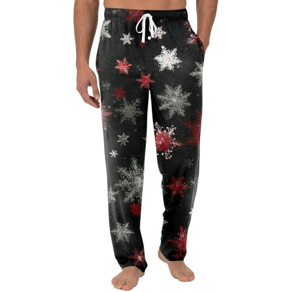 WTOBBY Men's Knitted Christmas Print Casual Pants with Pockets, Soft Lounge Sleep Pajama Bottoms for Holiday and Home Wear,Black L