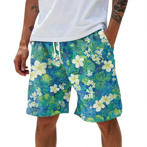 WTOBBY Men's Large Casual Loose Sports Shorts, Hawaiian Print Design, Beach Pants with Breathable Fabric for Summer Comfort,Green XL