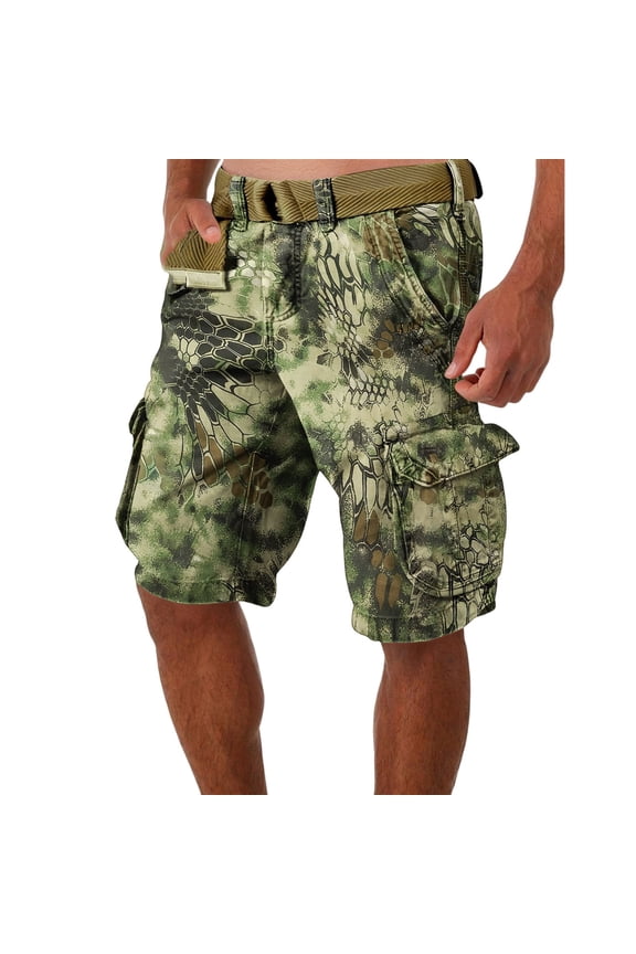 Men's Large Size Summer Casual Shorts, Loose Fit Camouflage Print, Multi-Pocket Utility Style, 5-Inch Length Without Belt, Perfect for Work and Leisure,Army Green L