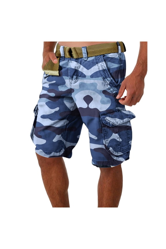 Men's Large Size Summer Casual Shorts, Loose Fit Camouflage Print, Multi-Pocket Utility Style, 5-Inch Length Without Belt, Perfect for Work and Leisure,Blue S
