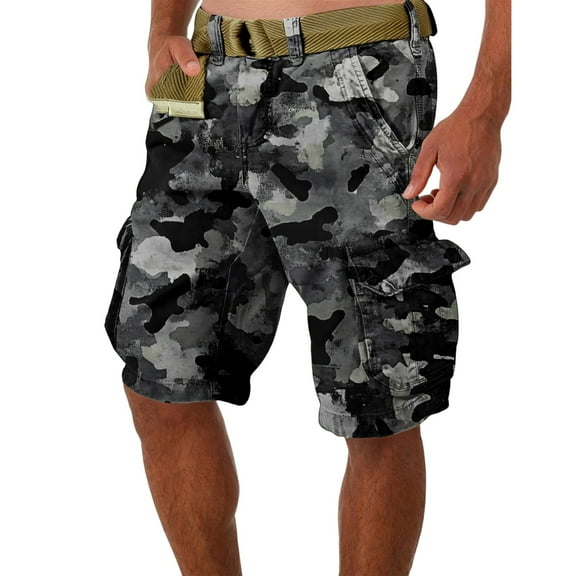 WTOBBY Men's Large Size Summer Casual Shorts, Loose Fit Camouflage Print, Multi-Pocket Utility Style, 5-Inch Length Without Belt, Perfect for Work and Leisure,Black L