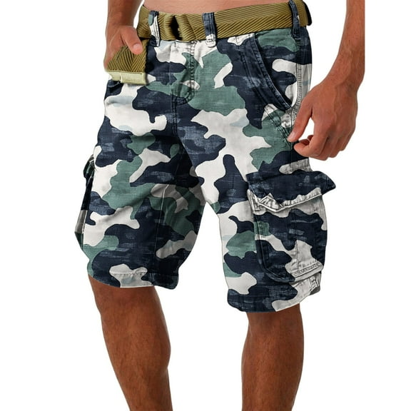 WTOBBY Men's Large Size Summer Casual Shorts, Loose Fit Camouflage Print, Multi-Pocket Utility Style, 5-Inch Length Without Belt, Perfect for Work and Leisure,Navy S