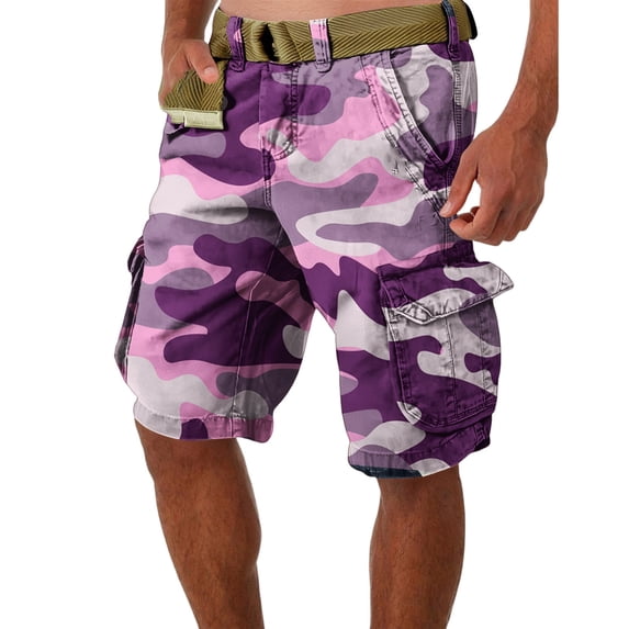 WTOBBY Men's Large Size Summer Casual Shorts, Loose Fit Camouflage Print, Multi-Pocket Utility Style, 5-Inch Length Without Belt, Perfect for Work and Leisure,Purple L
