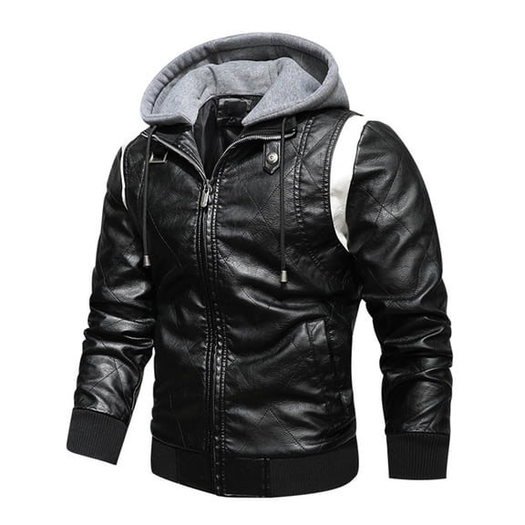 WTOBBY Men's Leather Stand Collar Detachable Hooded Motorcycle Jacket, Fashionable Colorblock Coat for Riding and Casual Outfits,for All-Season Use,Black M